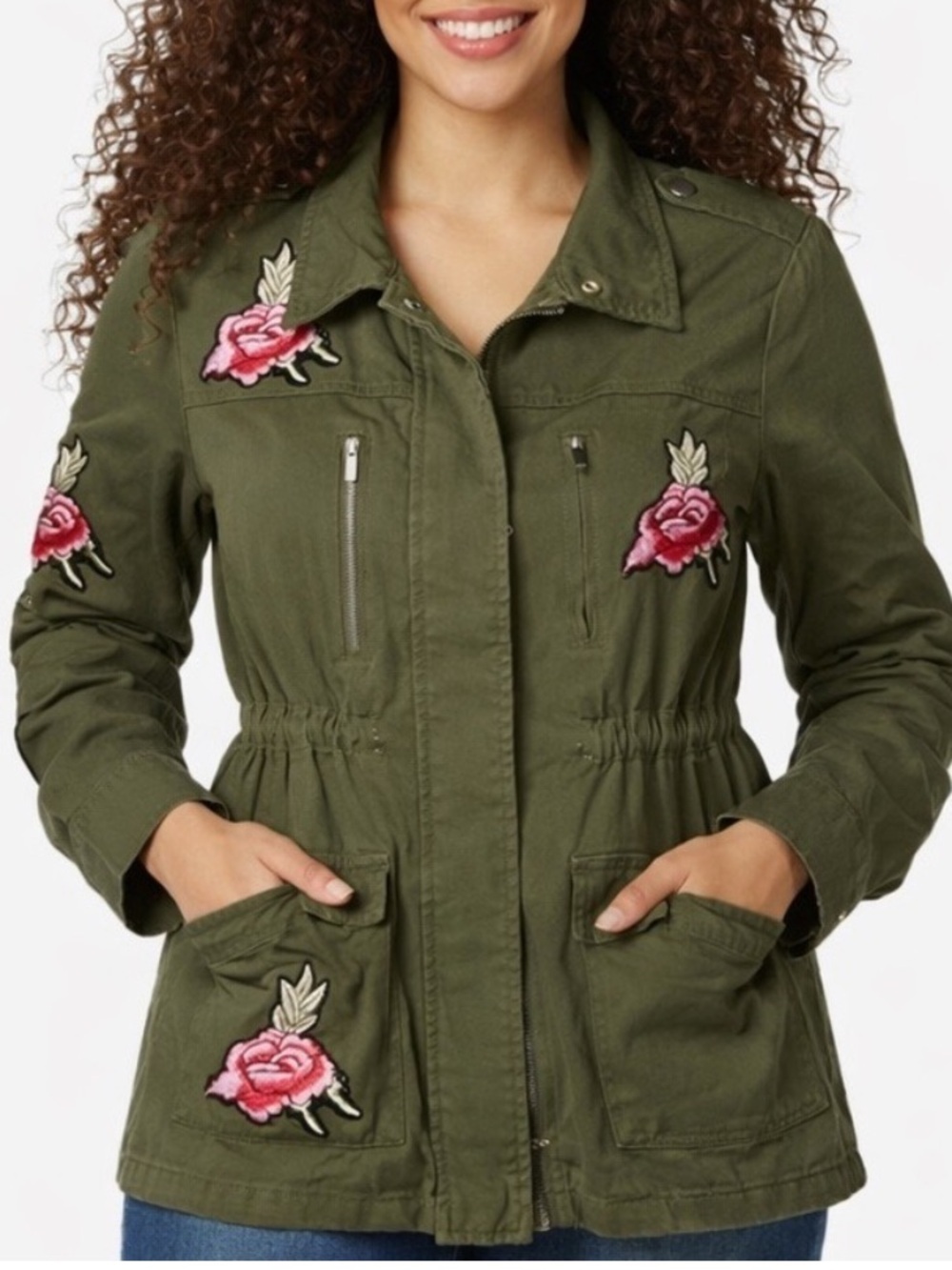 Charlotte Russe Olive Green army cinched Utility Jacket Pink Rose embroidery S